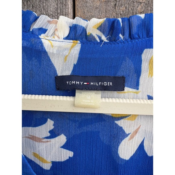 Tommy Hilfiger Blue Floral Chiffon Smocked Waist Long Sleeve Mini Dress Women 16 - Picture 2 of 4